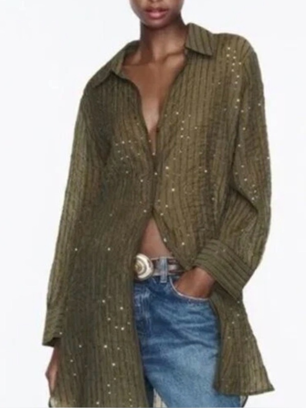 ZARA Woman's Sequin Oversized Tunic Top Shirt Olive Green M sheer casual coverup